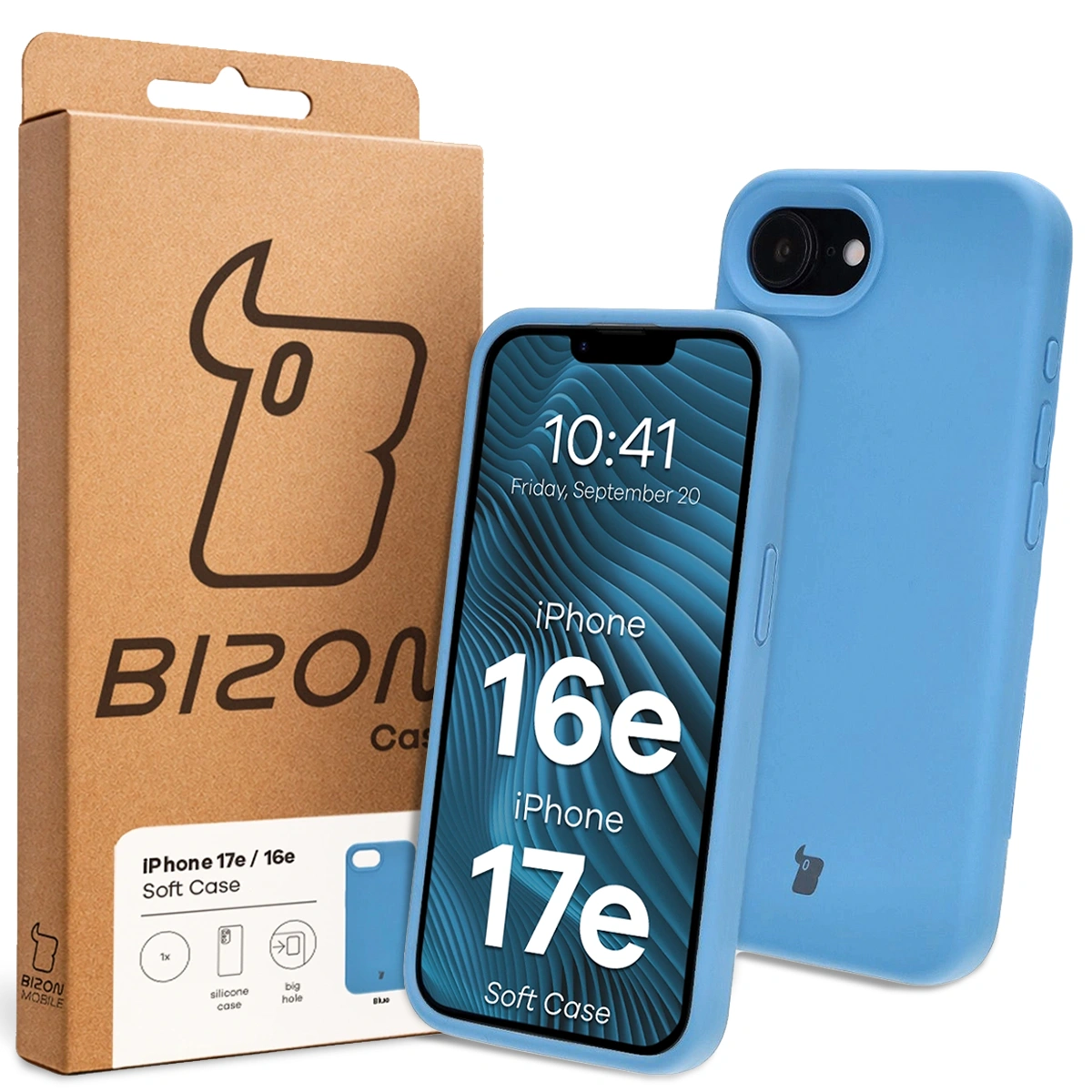 Przód pudełka Bizon Case z dedykowaną etykietą do Apple iPhone 17e/16e